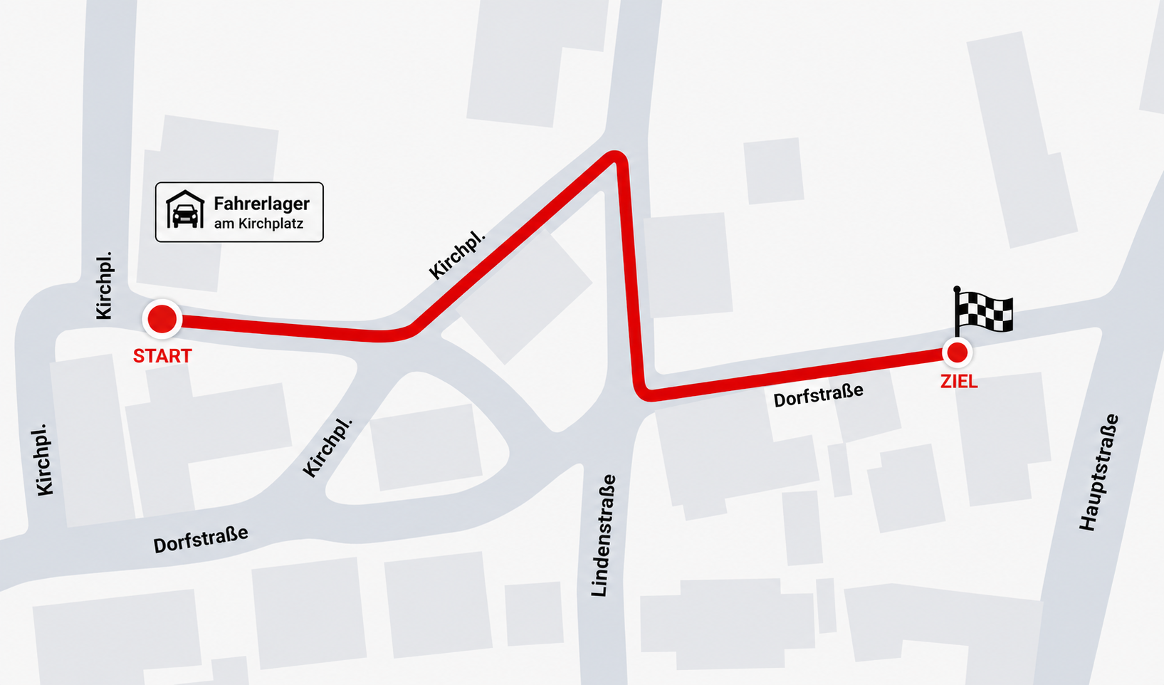 Streckenverlauf: Start am Kirchplatz, Strecke über Kirchplatz und Dorfstraße bis ins Ziel an der Dorfstraße in Antdorf. Fahrerlager am Kirchplatz.